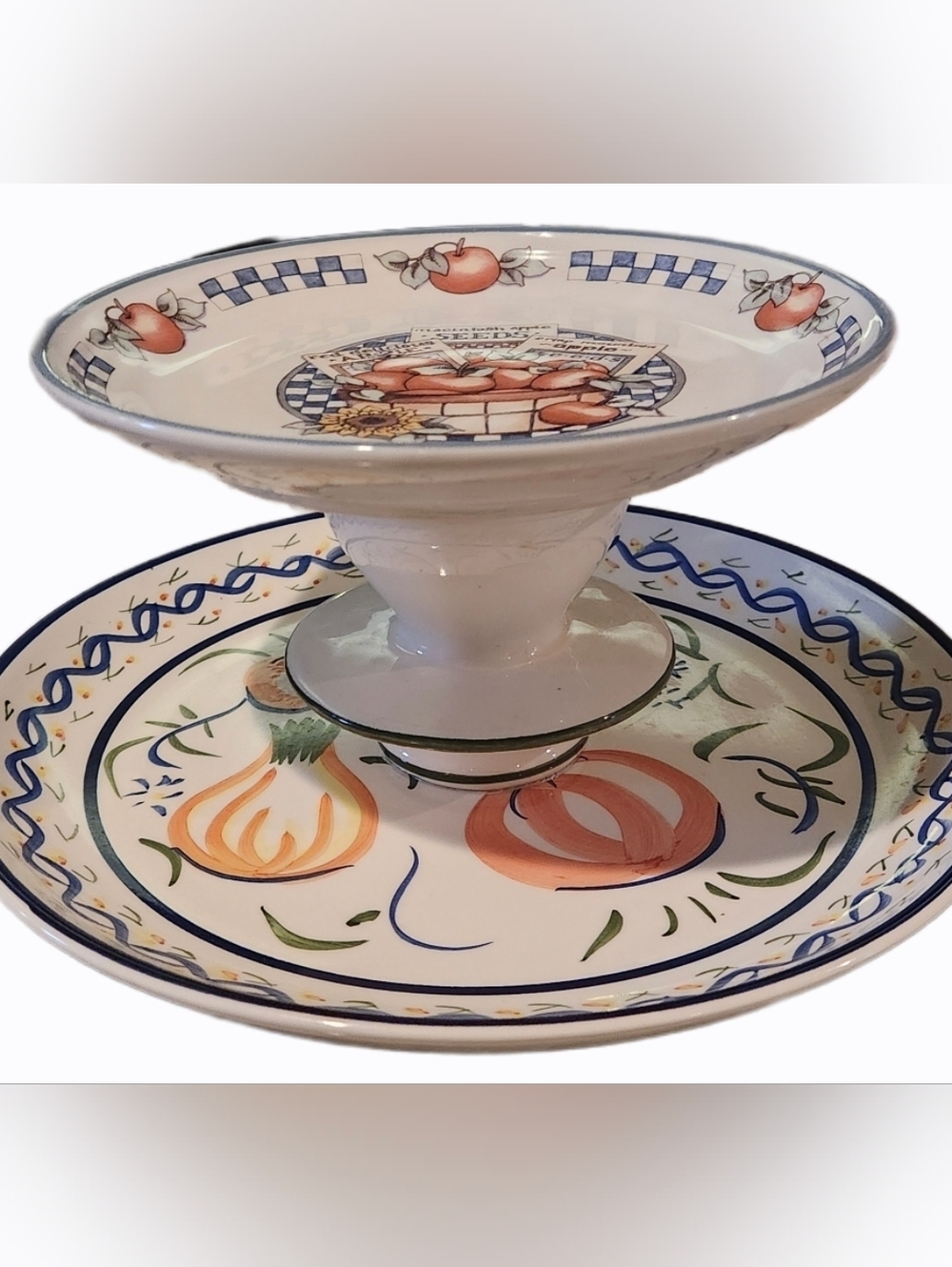 Hand-made Ceramic Two-Tier  Serving Stand with Apple, Sunfl Fruit & Onion Motifs